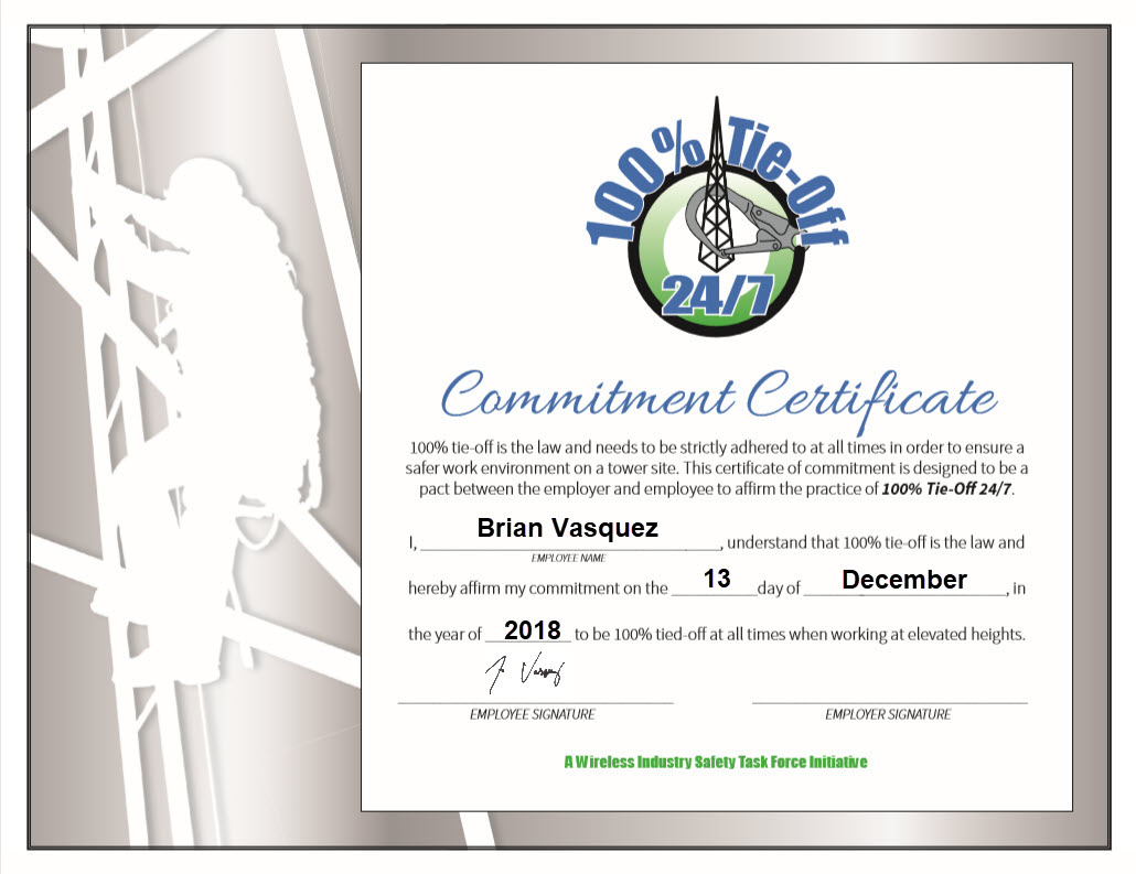 100 Percent Tie Off Fall Protection Certificate